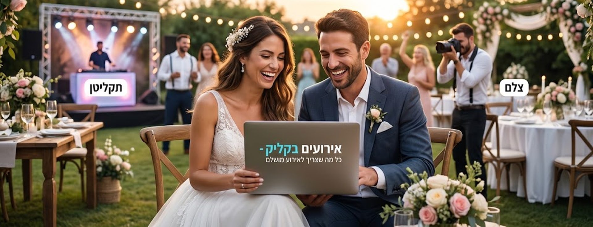 חתן וכלה בוחרים ספקים לאירוע בגן אירועים בשעת השקיעה